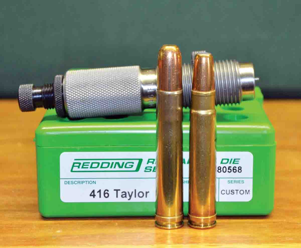 Necking down the .458 Winchester Magnum case (left) in a full-length resizing die produces the .416 Taylor case (right). The Hornady bullets loaded in them are a 500-grain DGXB in the .458 and a 400-grain DGXB in the .416, both seated for crimping in their cannelures.